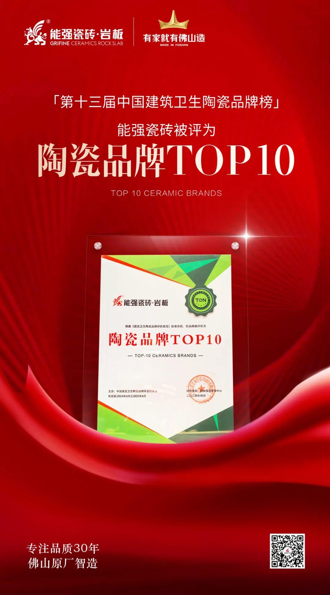 匠心榮耀丨能強瓷磚斬獲“陶瓷品牌TOP10”殊榮！